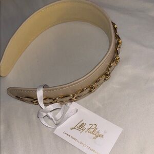 Lilly Pulitzer Gold Chain Embellished Wide, Cute Faux Leather Resort White NWT